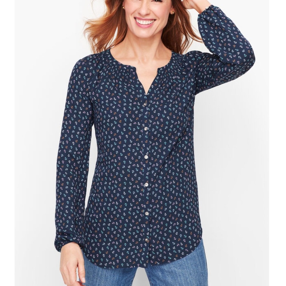 Talbots Plus 1X Navy Anchor Print Smocked V Neck Long Sleeve Blouse Nautical‎